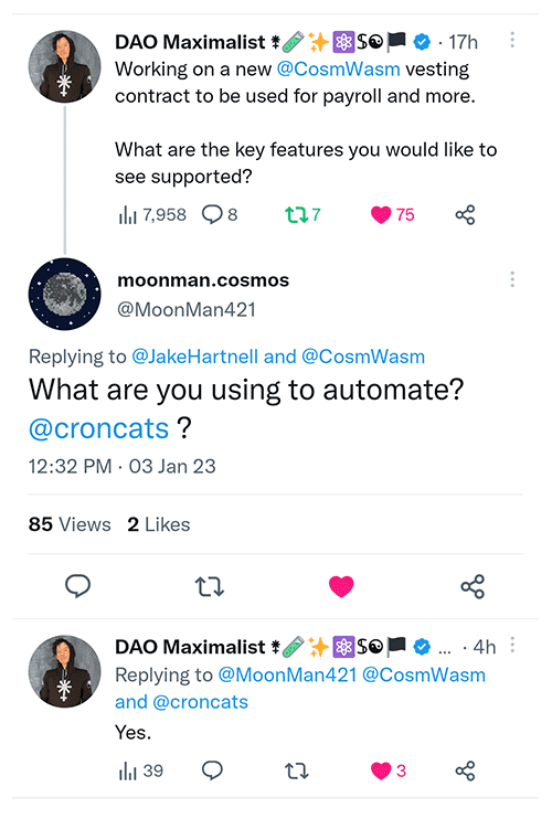 Tweet showing DAO DAO excited about payroll using CronCat